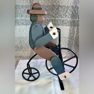 Vintage Mexico Primitive Wood and Metal Folk Art Man on Bicycle